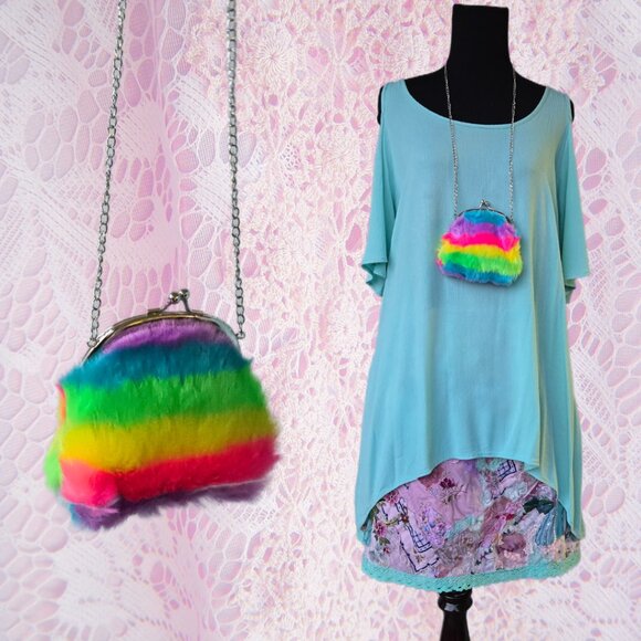 Jewelry - Plushie Rainbow Ombre Coin Purse Necklace Decora Faux Fur Kawaii Kitch Colorful